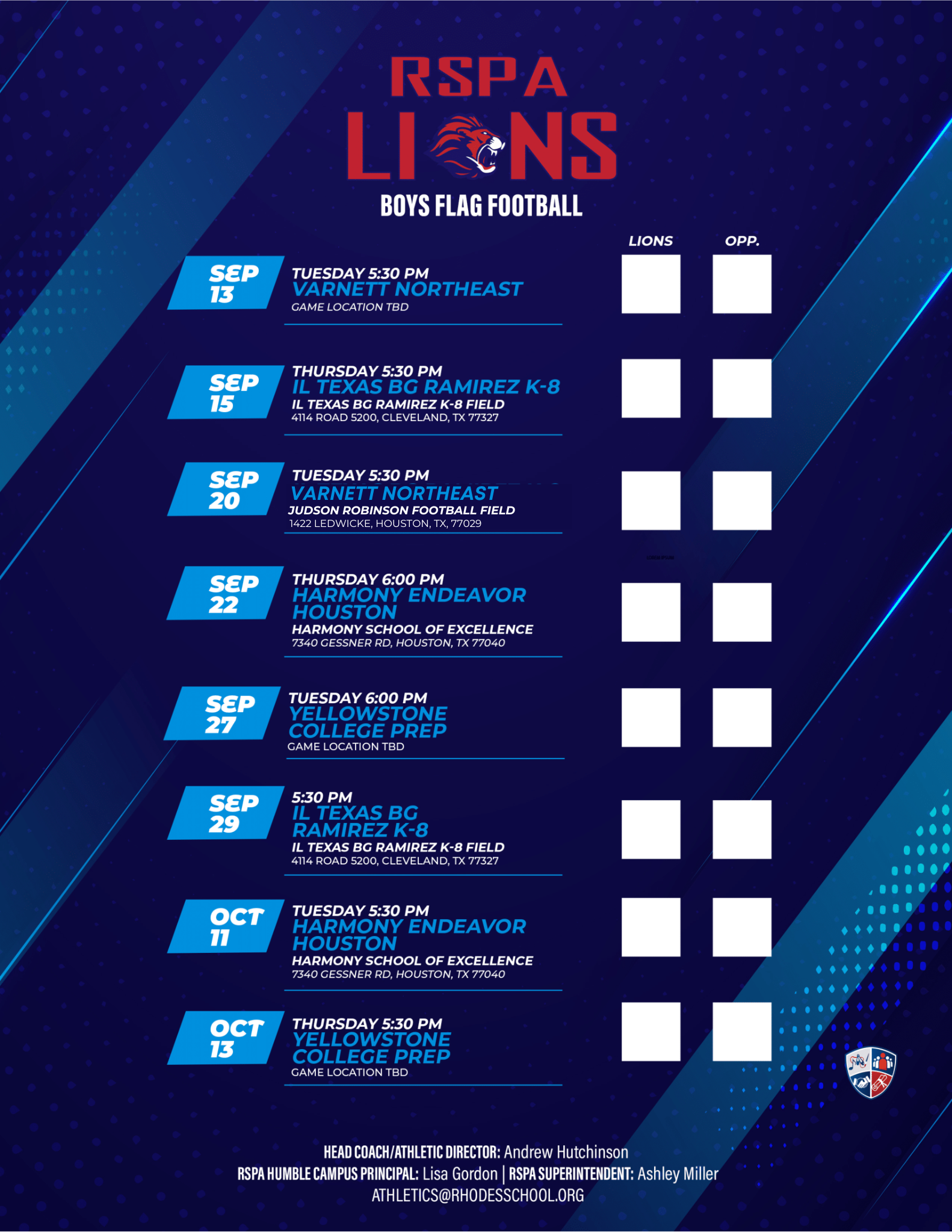 22-23 RSPA Humble Flag Football Schedule