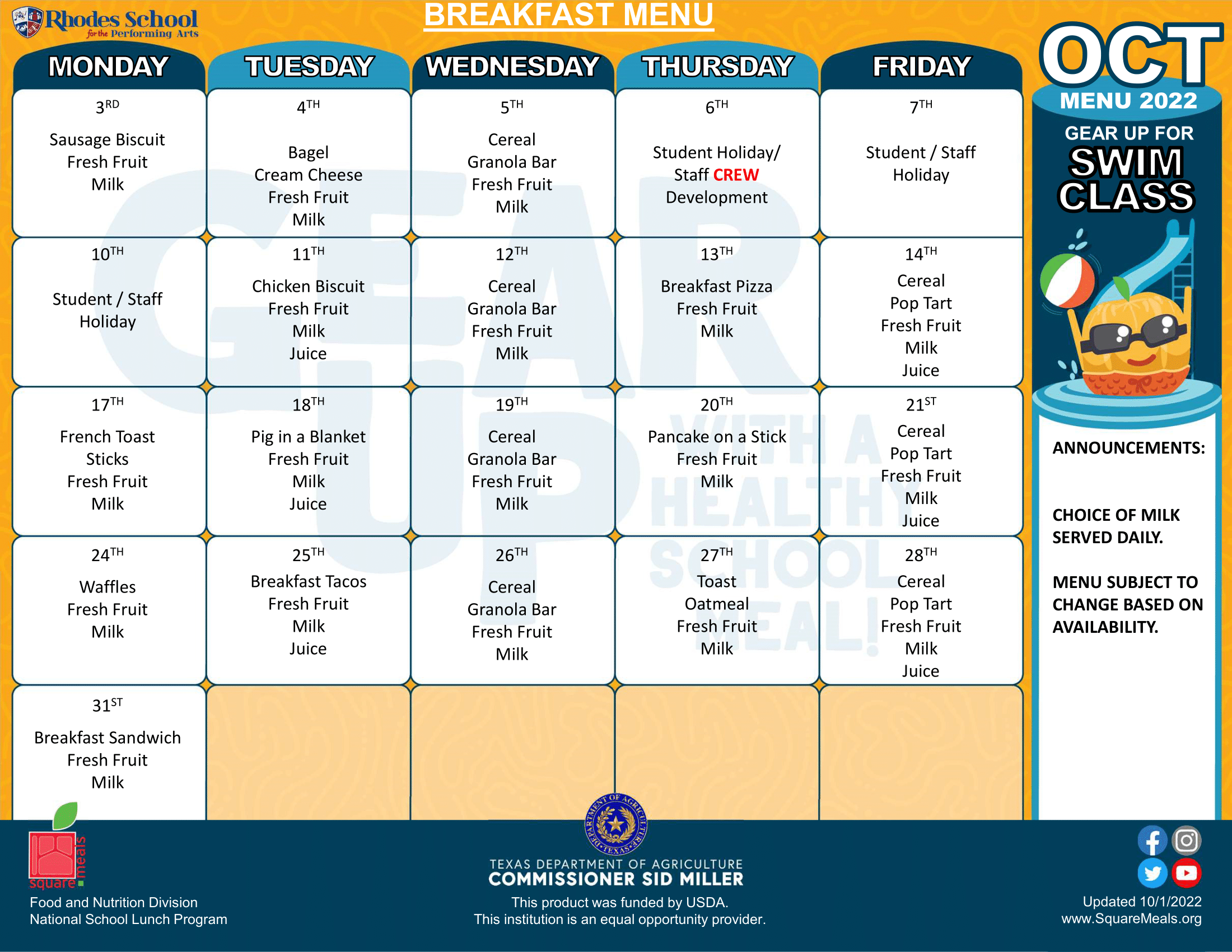 October Breakfast Menu 2
