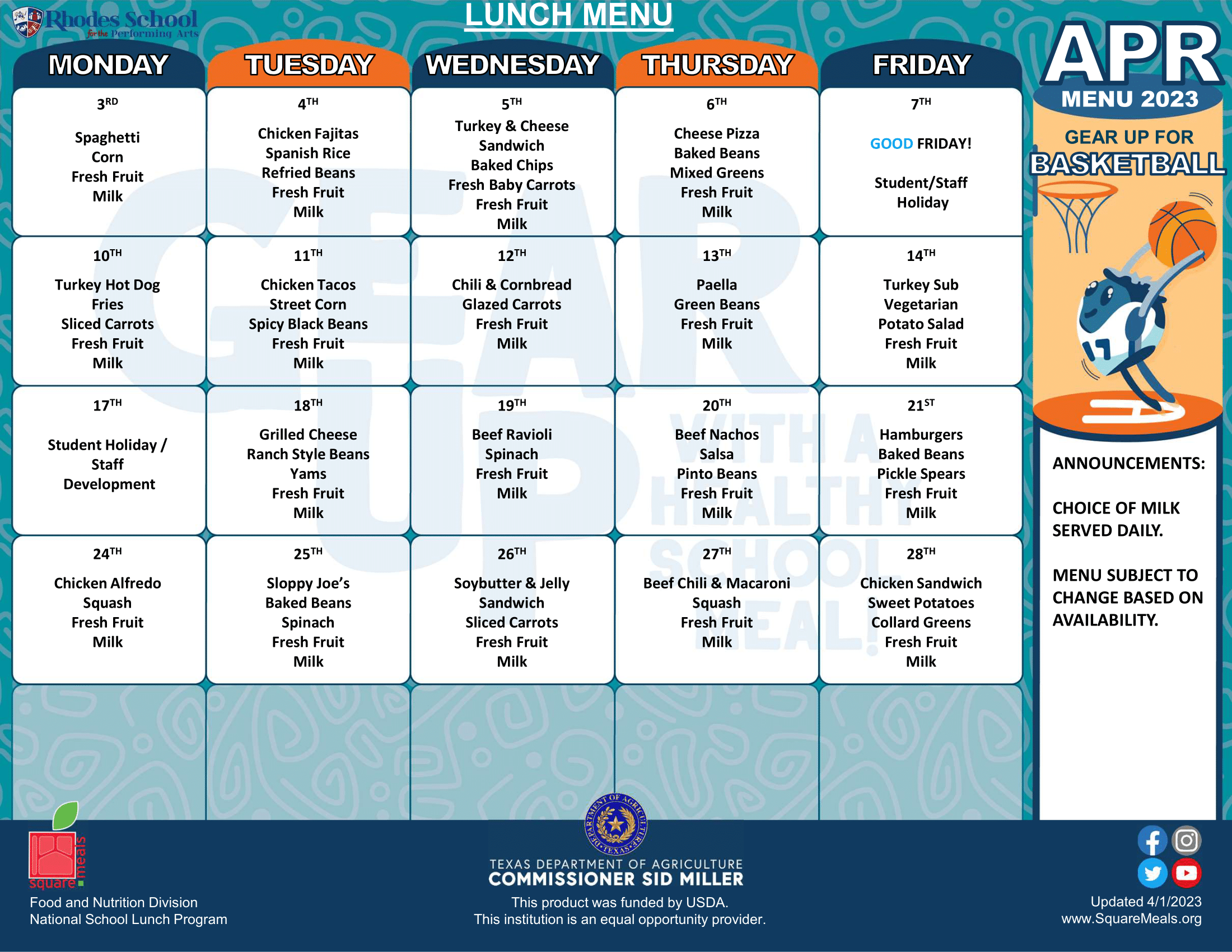 April 2023 Lunch Menu