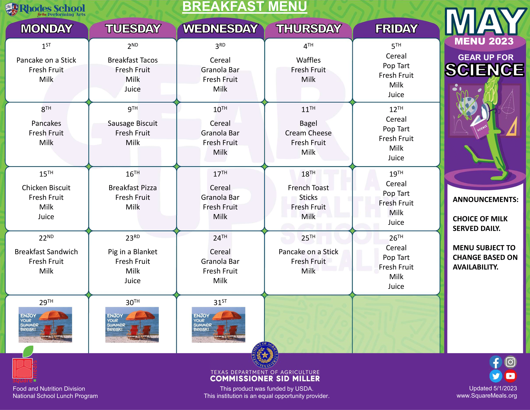 May 2023 Breakfast Menu