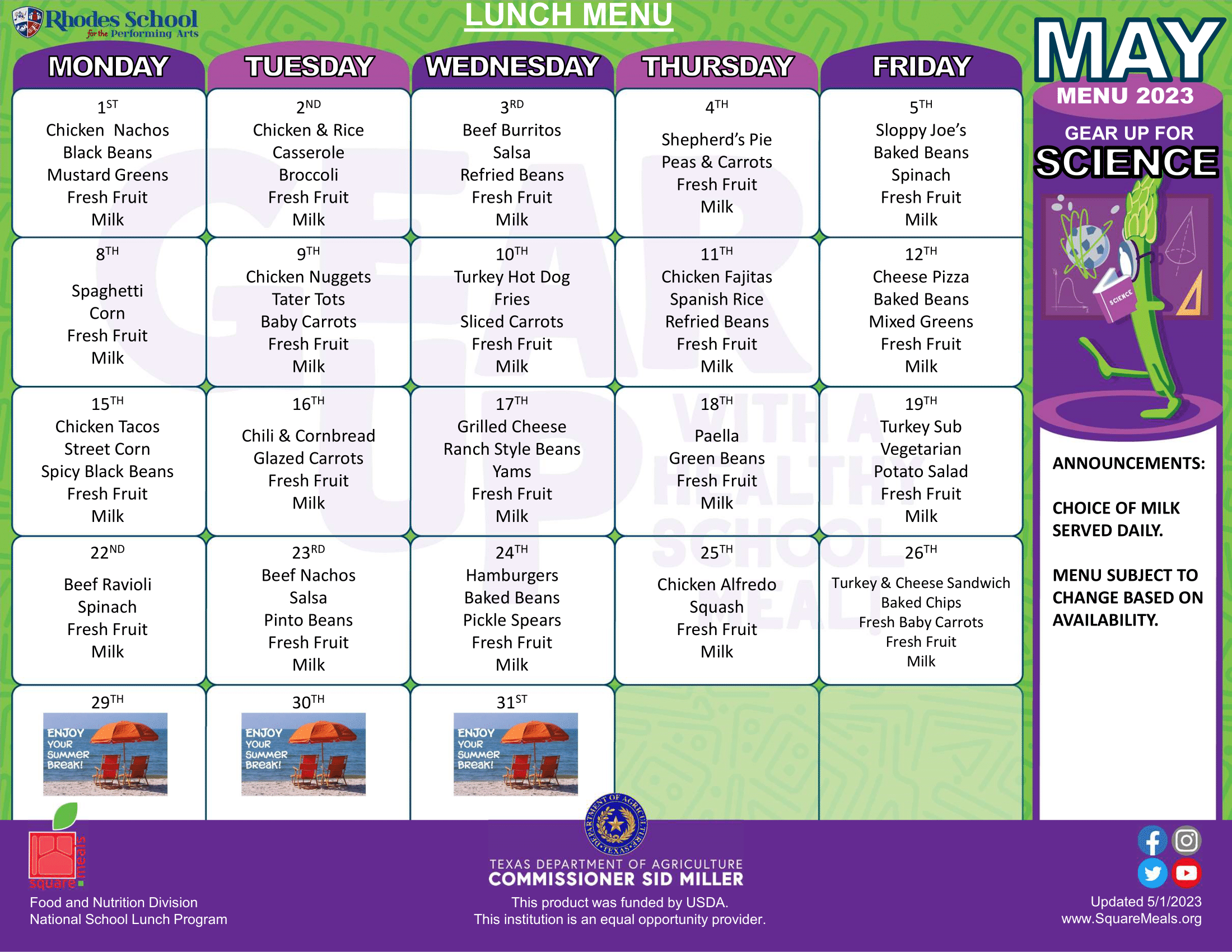 May 2023 Lunch Menu