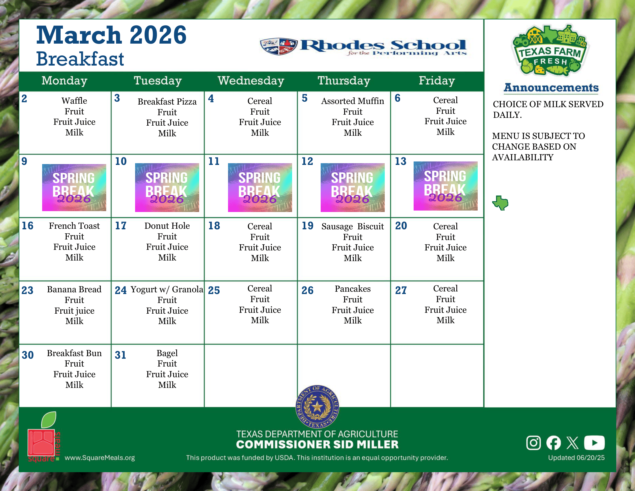March 25-26 Breakfast Menu