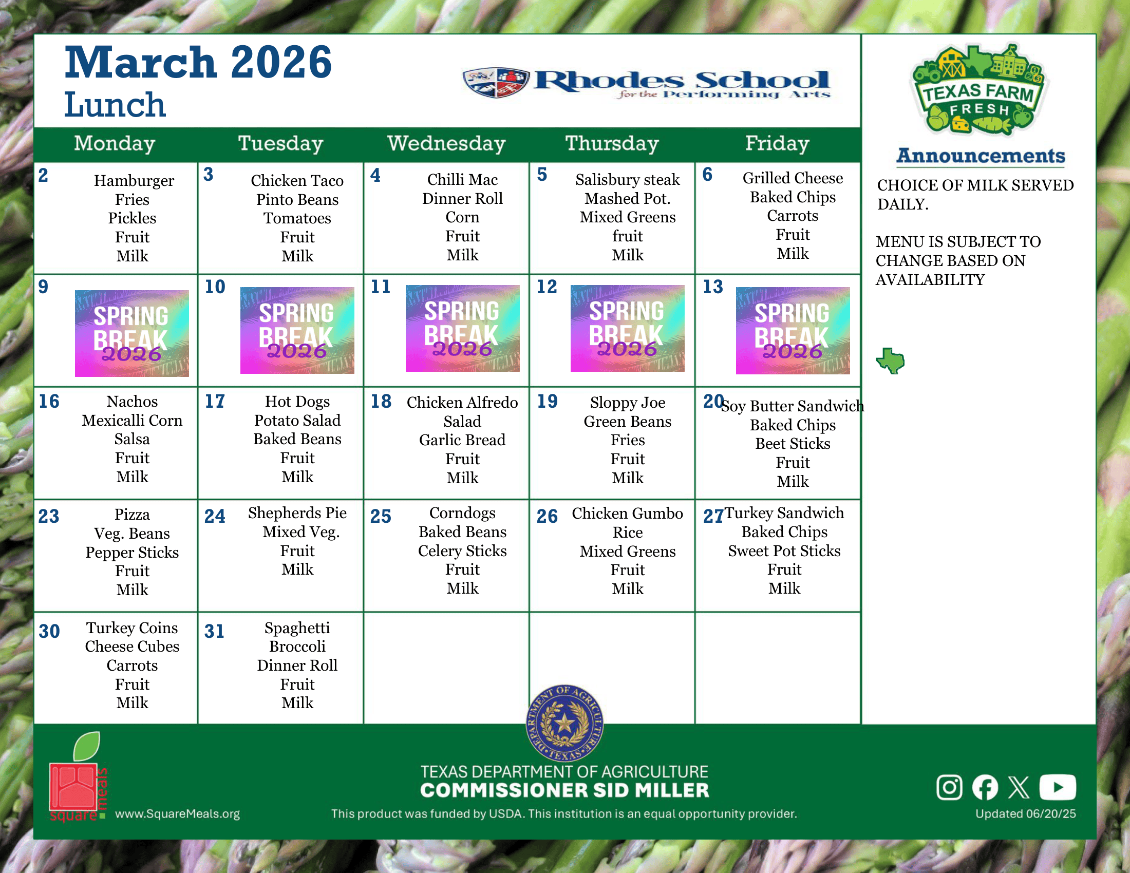 March 25-26 Lunch Menu