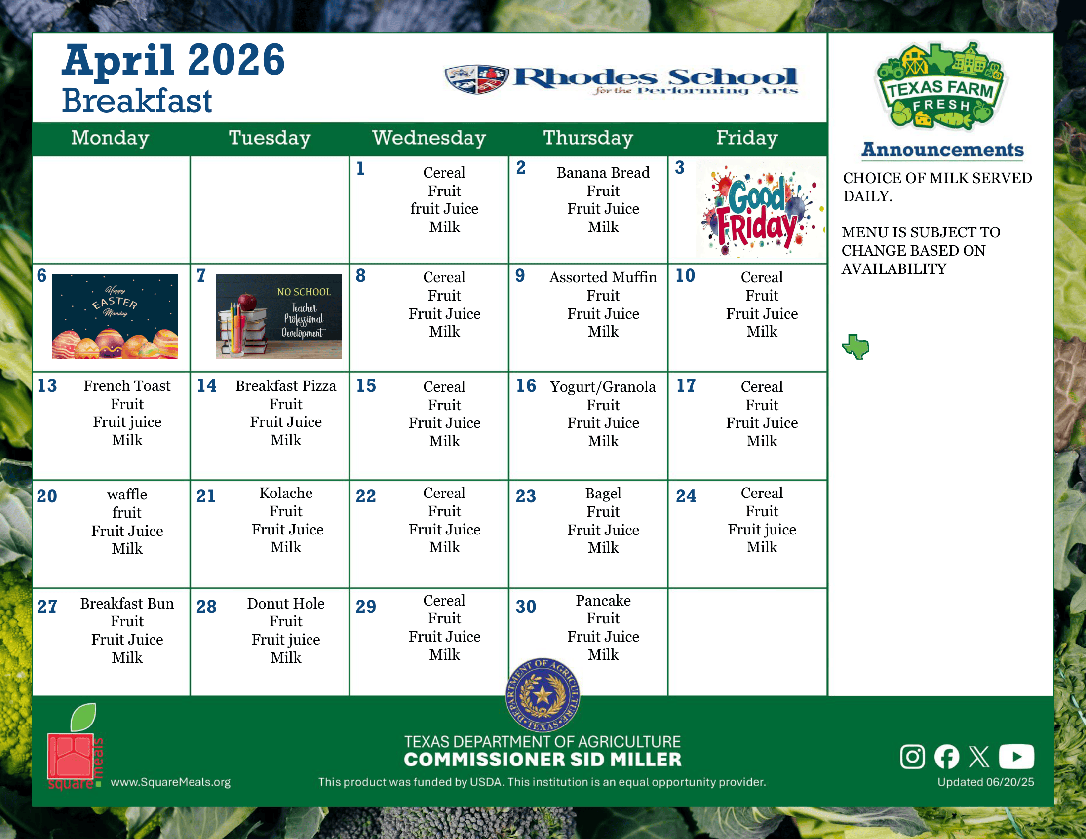 April Breakfast Menu 2026