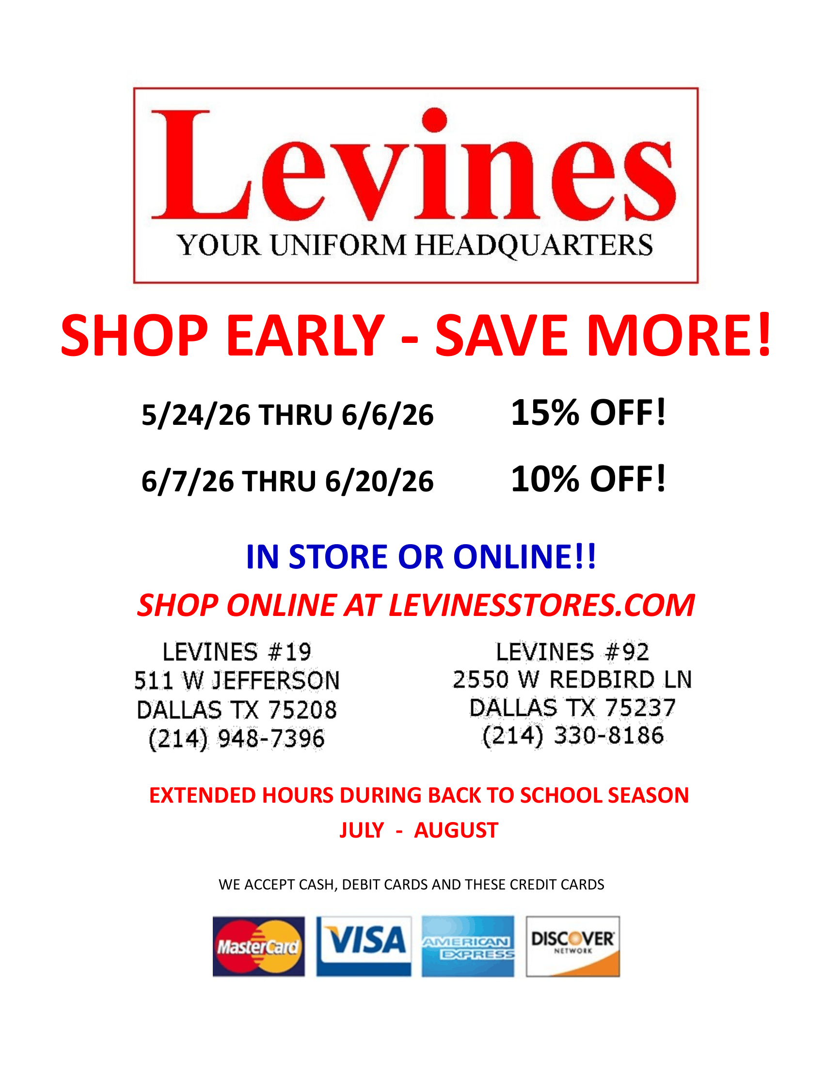 Levines Uniforms Sale Flyer 2026 English and Spanish-1